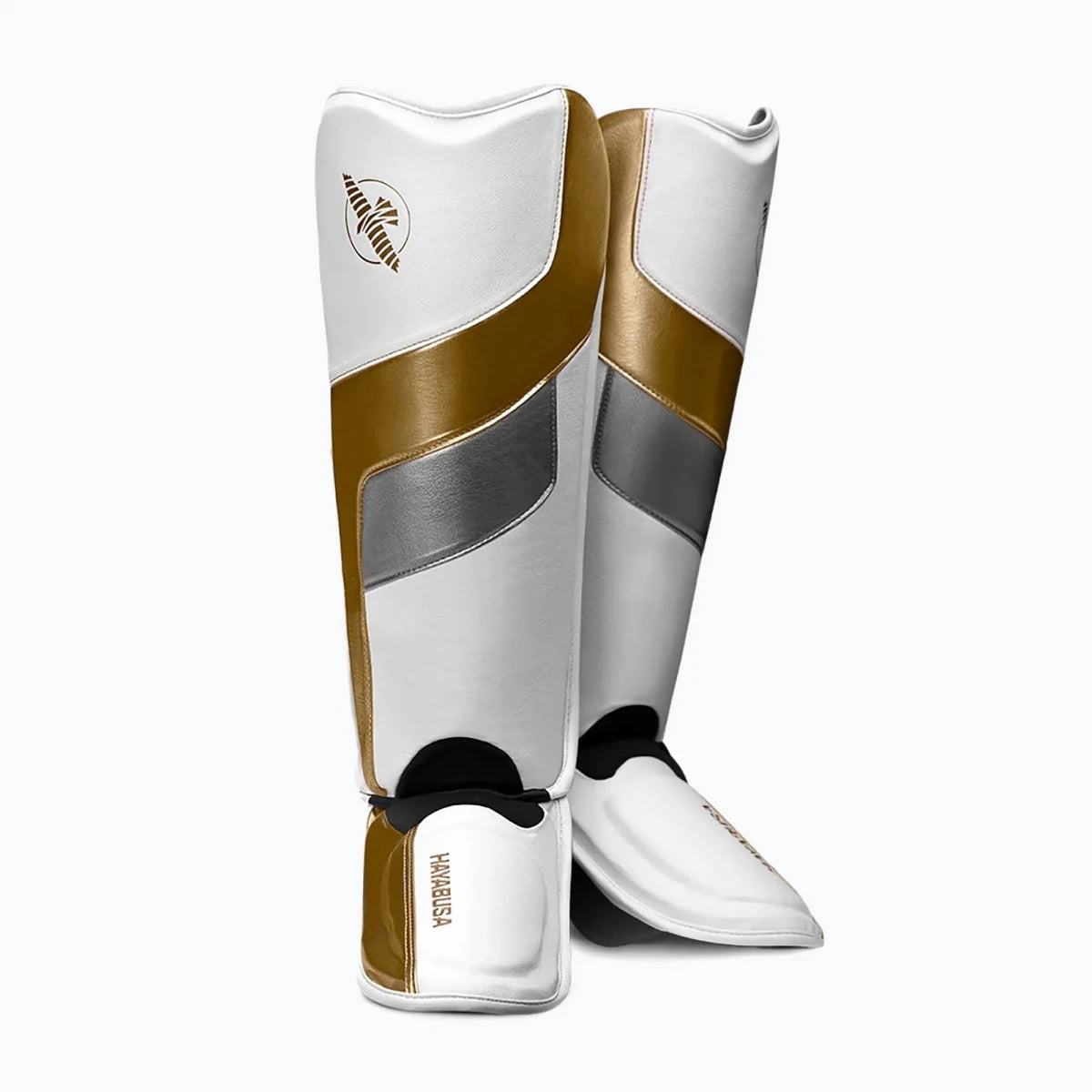 Paratibia a calza Hayabusa T3 Full Back bianchi, design tecnico per sparring e allenamento intensivo