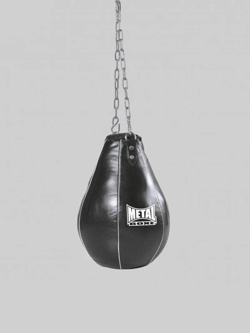 Vista frontale della pera da boxe in pelle nera Metal Boxe Corn Pear per l'allenamento di ganci e montanti