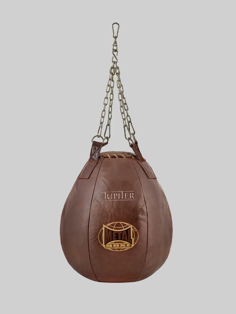 Large Metal Boxing Jupiter boxing pear made of high-quality brown buffalo leather, ideal for hooks and uppercuts
