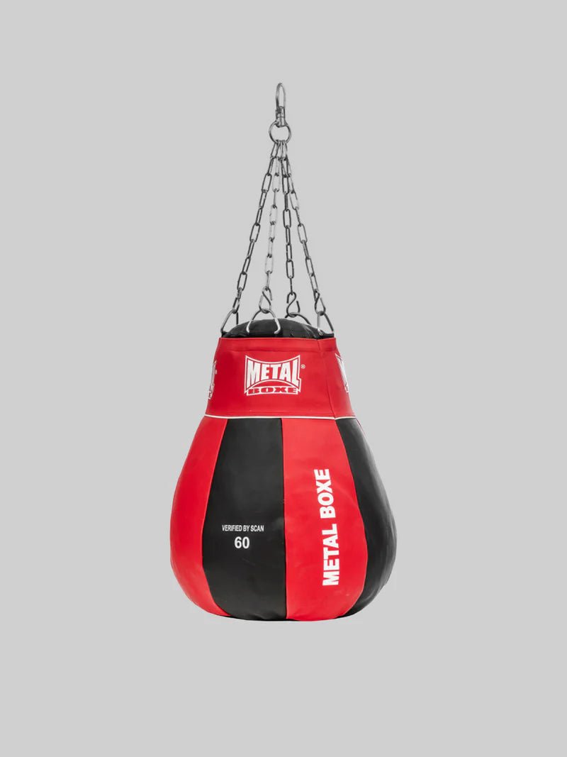 Front view of the Metal Boxing Club Line uppercut pear in red and black, ideal for hooks and uppercuts