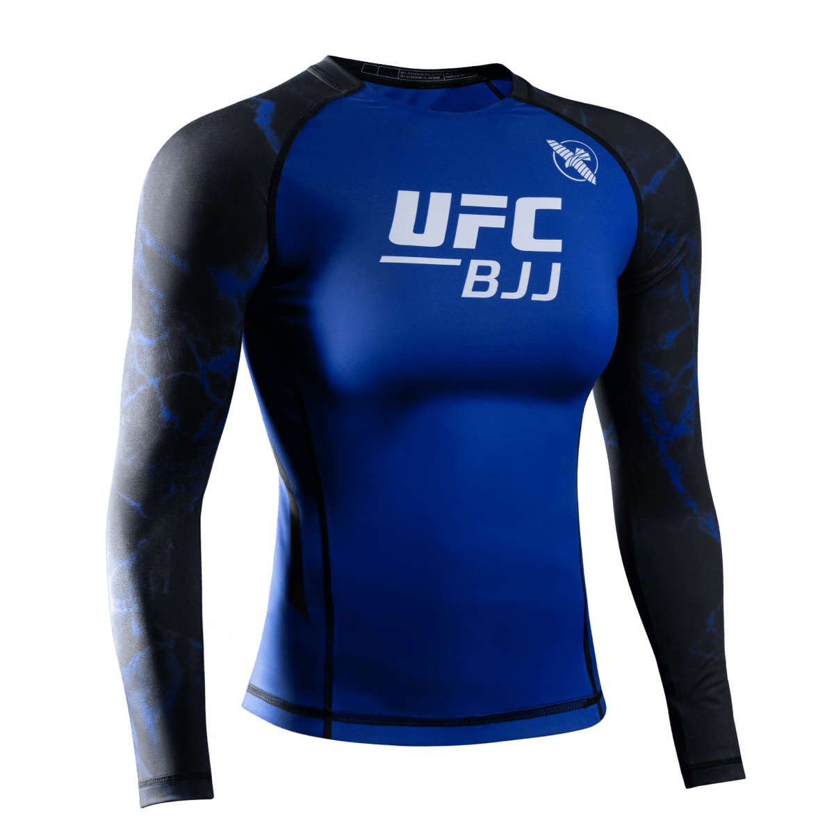 Front view of the women's UFC BJJ long sleeve rash guard in black with blue accents, ideal for competitive grappling
