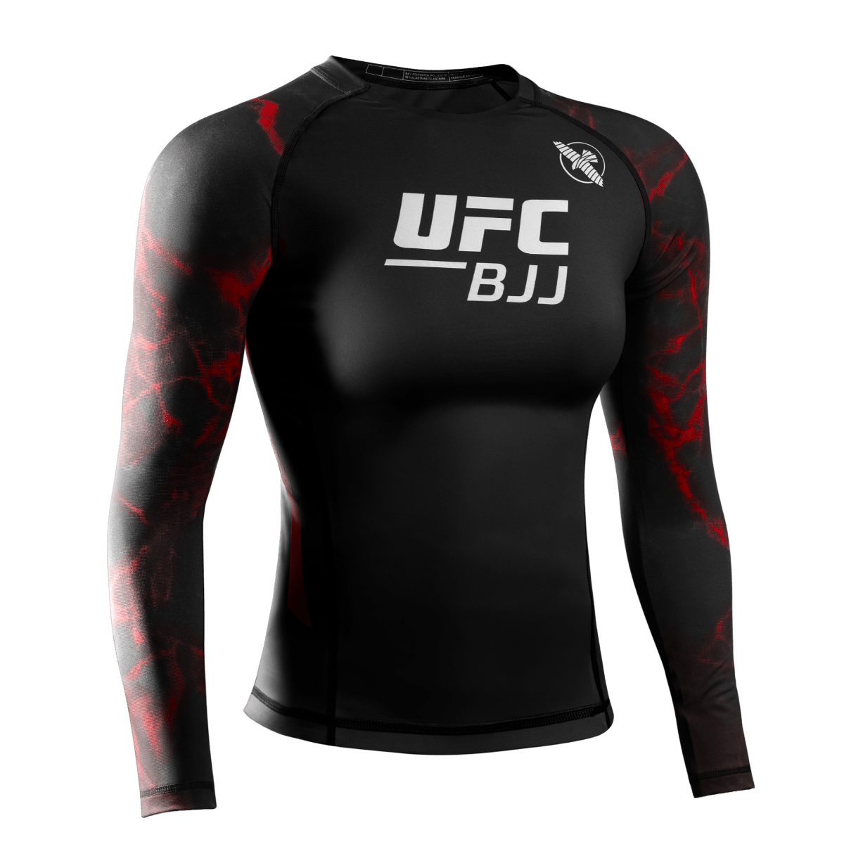 Vooraanzicht van de UFC BJJ-rashguard met lange mouwen voor dames in zwart met rode details, 200 GSM-compressiestof