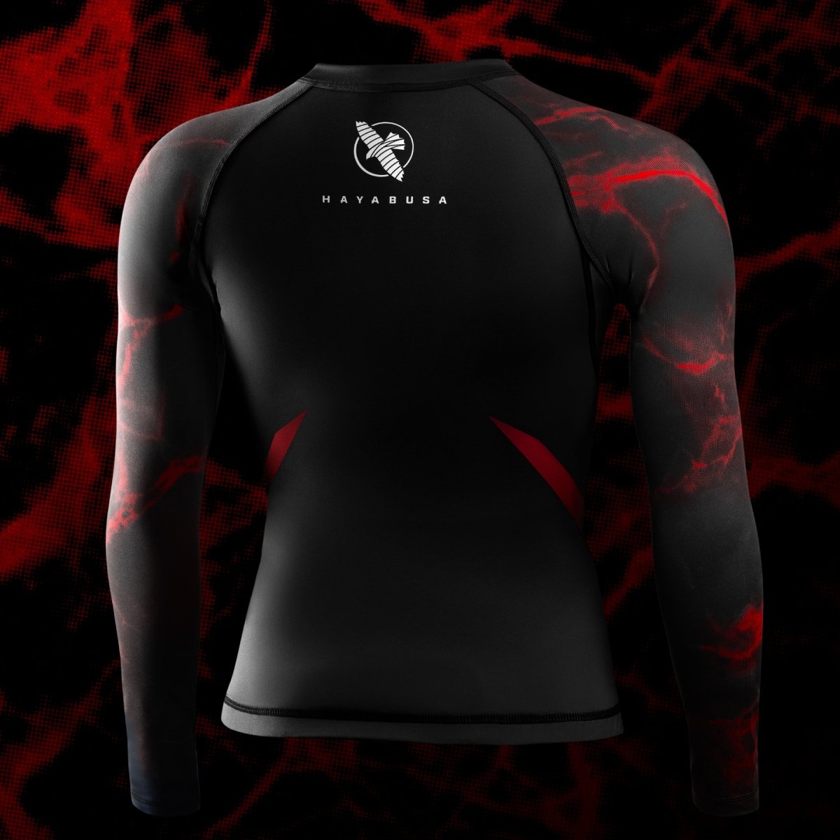 Rear view of the UFC BJJ women's black/red rash guard, total abrasion protection for Jiu-Jitsu No-Gi