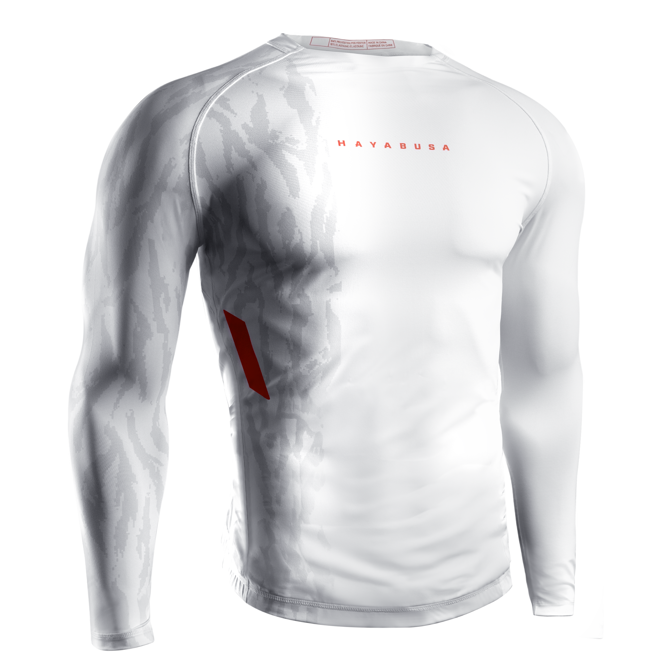Vista frontale della rash guard Hayabusa Apex bianca a maniche lunghe con loghi a contrasto