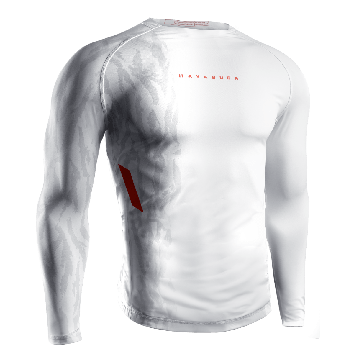 Front view of the white Hayabusa Apex long-sleeved rash guard with contrasting logos