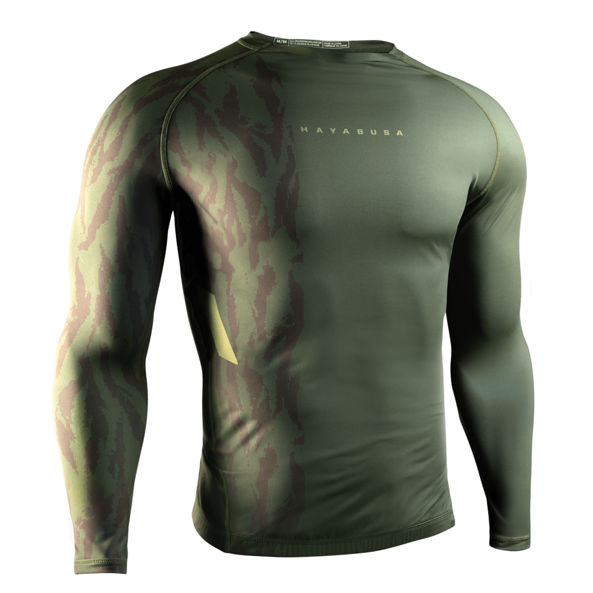 Front view of the green Hayabusa Apex long sleeve rash guard, elite technical equipment
