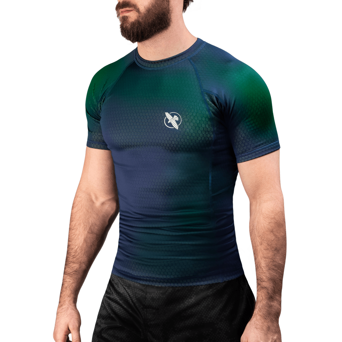 Vista frontal de la lycra Hayabusa Fusion azul y verde con efecto iridiscente para MMA y No-Gi