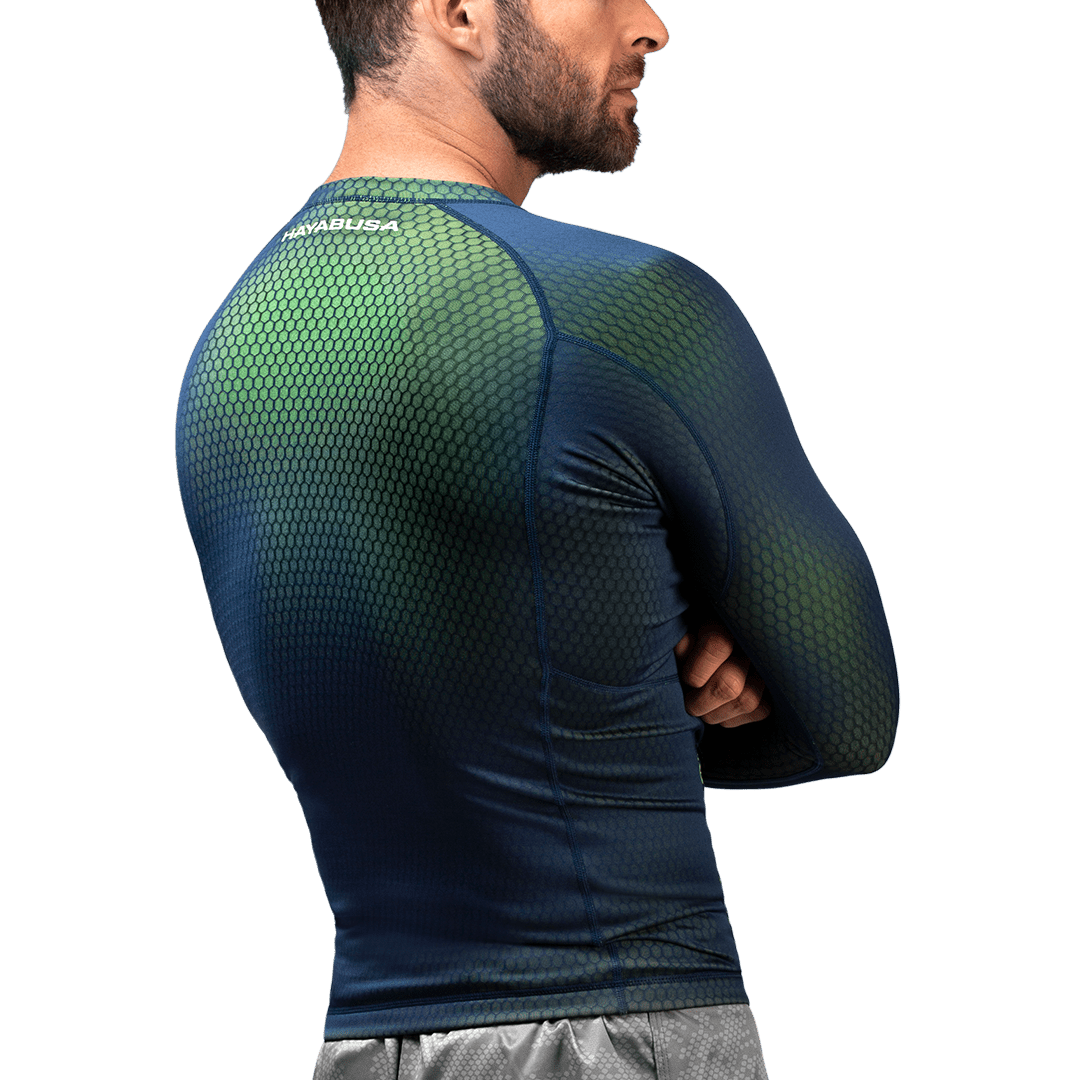 Rear view of the blue/green Hayabusa Fusion rash guard, total protection from abrasion and mat burn