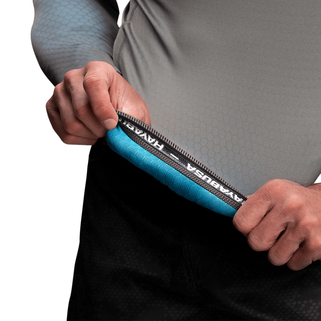 Internal detail of the waistband finish of the grey/light blue Hayabusa Fusion rash guard