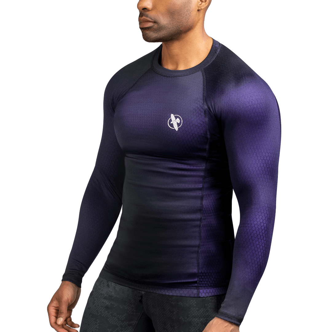 Front view of the black and purple Hayabusa Fusion rash guard, dynamic iridescent effect