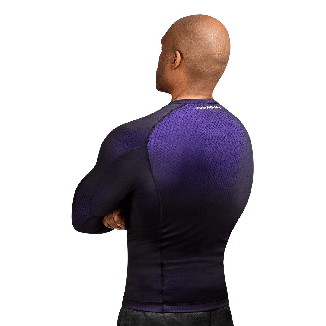 Rear view of the black/purple Hayabusa Fusion rash guard, full skin protection on the tatami