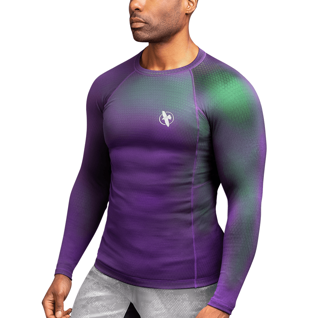 Front view of the purple and green Hayabusa Fusion rash guard, elite compressive fit for MMA