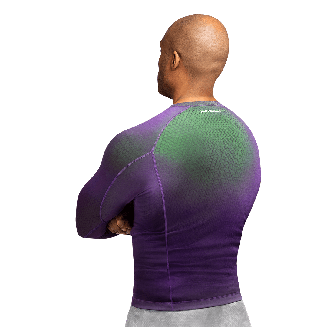 Rear view of the purple/green Hayabusa Fusion rash guard, 8-panel construction for maximum mobility