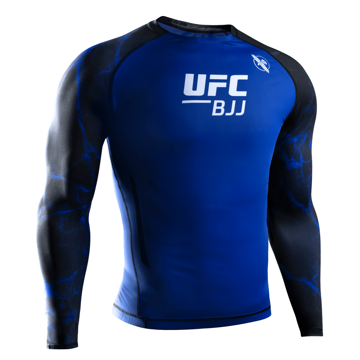Front view of the official UFC BJJ long sleeve rash guard in black and blue