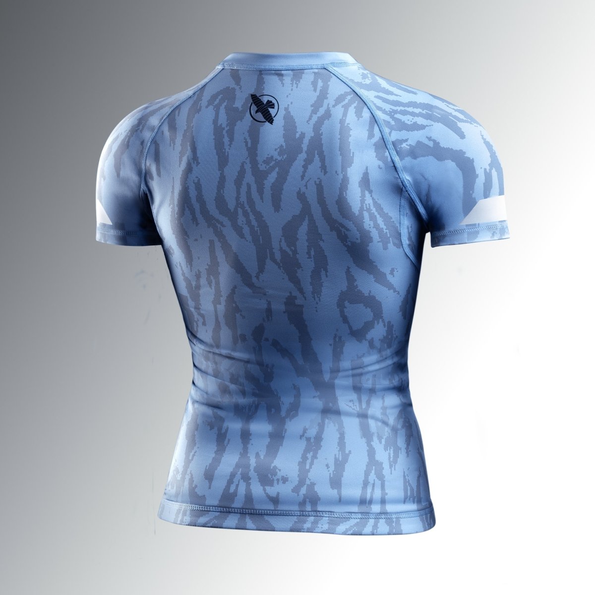 Rear view of the Crystal blue Hayabusa Apex women's rashguard, flatlock reinforced stitching
