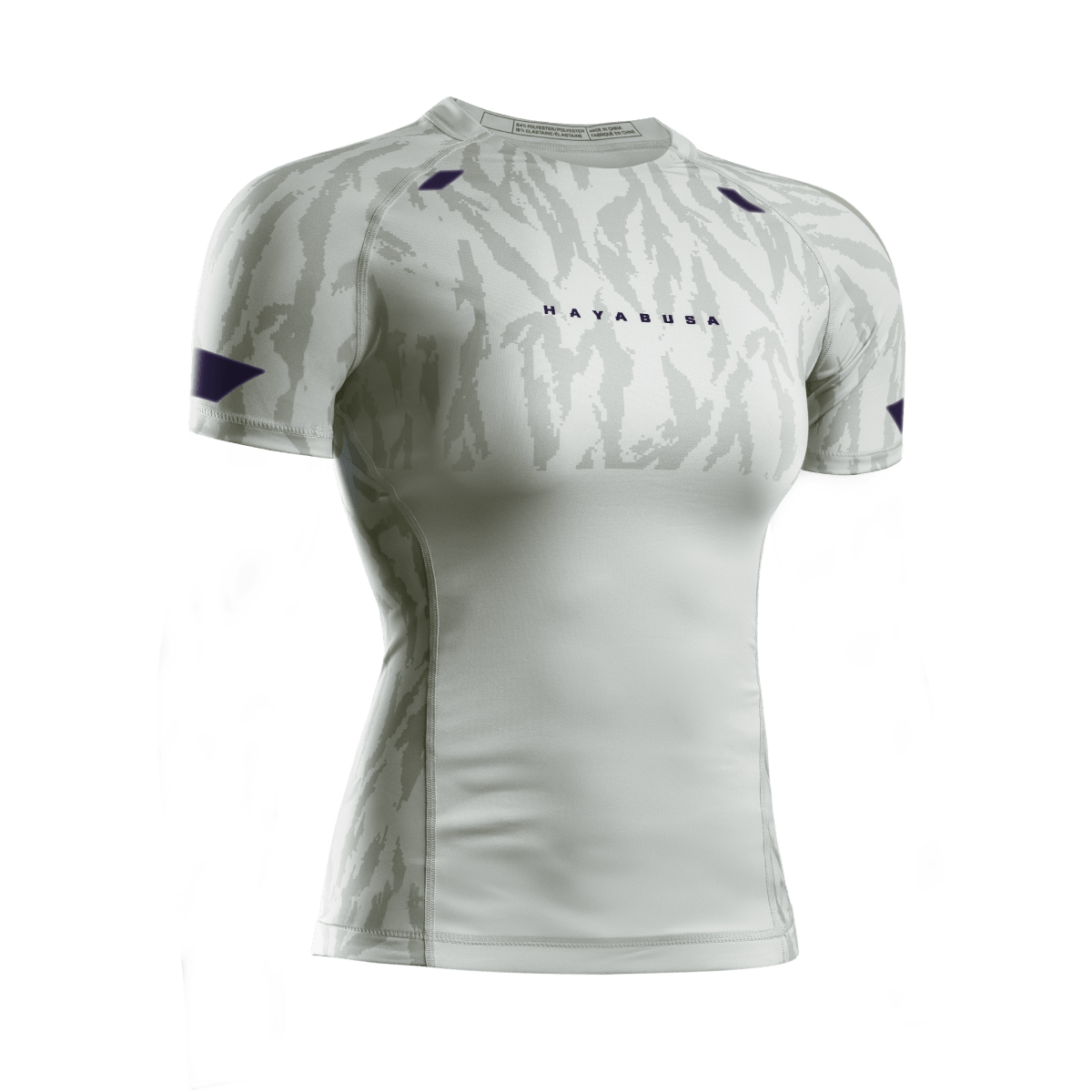 Front view of the beige Hayabusa Apex women's rashguard with short sleeves, technical fabric for BJJ and MMA