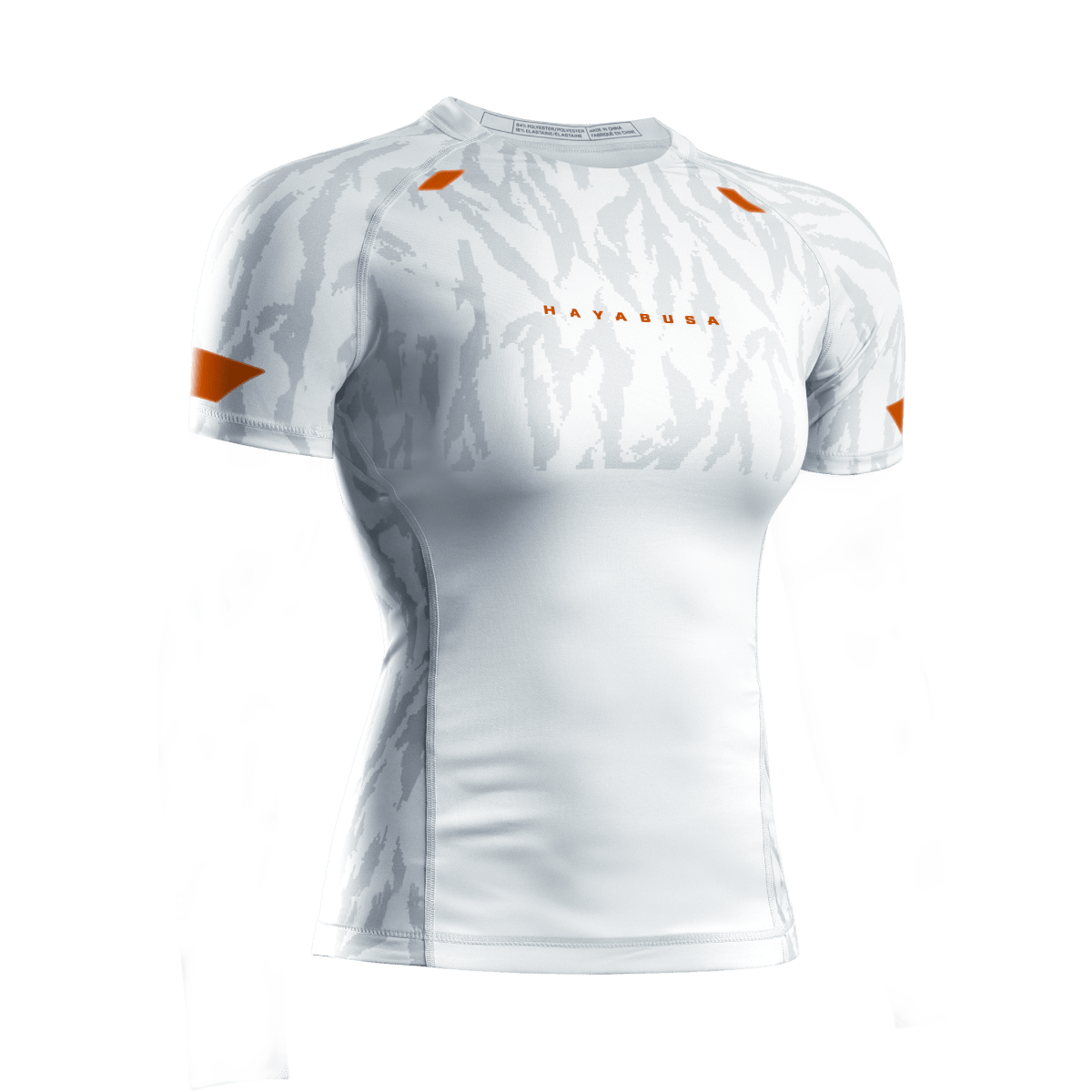Front view of the white Hayabusa Apex women's rashguard with short sleeves, ideal for grappling and Jiu-Jitsu