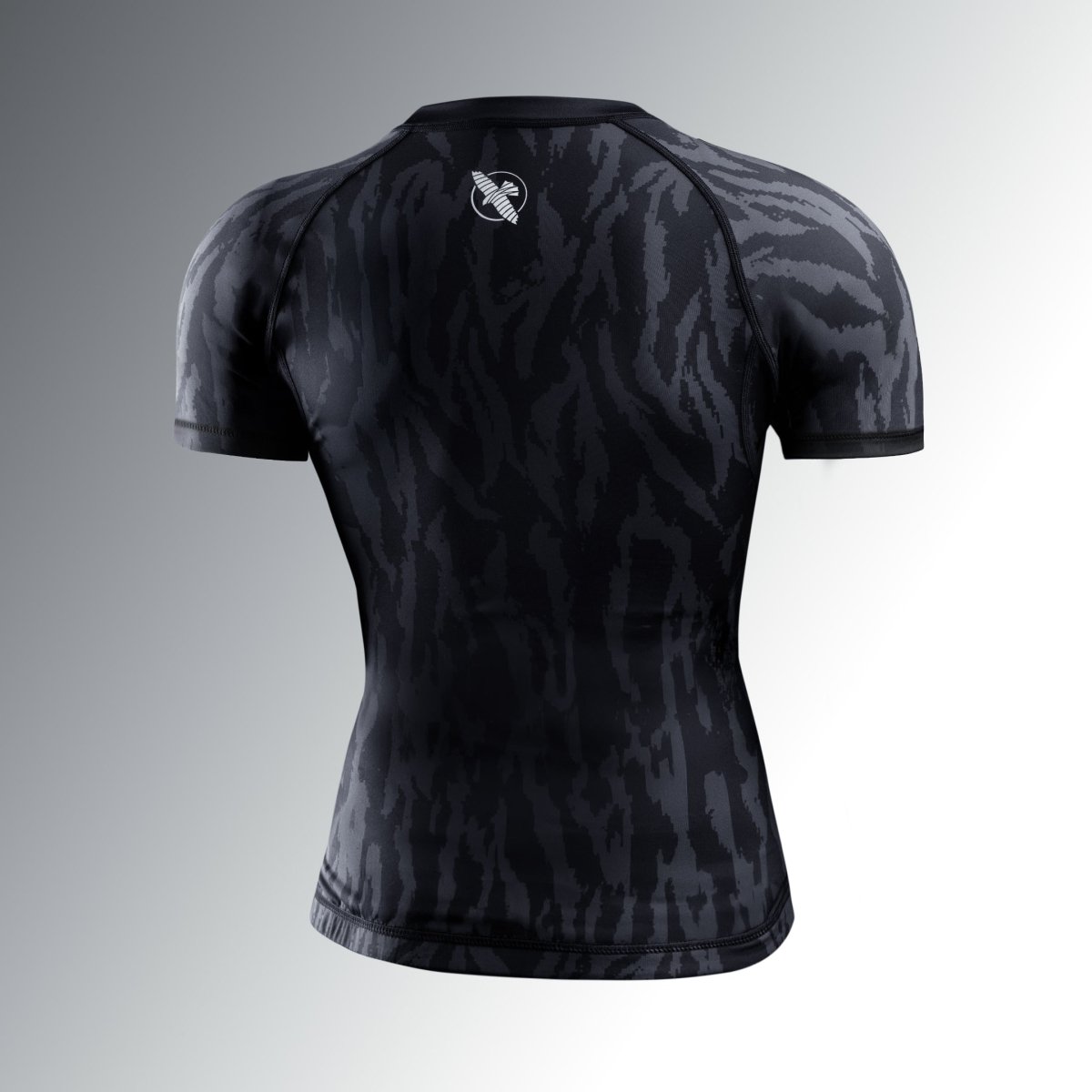 Rear view of the black Hayabusa Apex women's rashguard, breathable and non-slip material