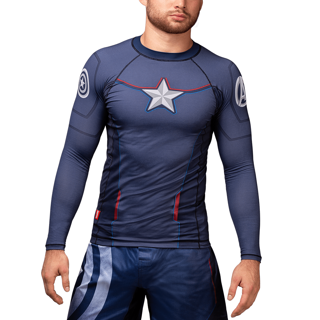 Vista frontal de la lycra de manga larga Hayabusa Marvel Captain America con diseño de estrella