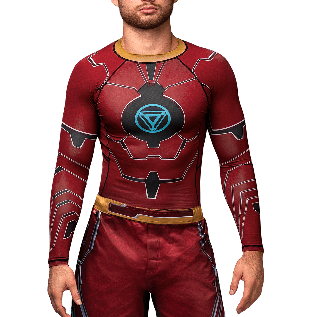 Vista frontal de la lycra de manga larga Hayabusa Marvel Iron Man con el diseño de armadura de Tony Stark