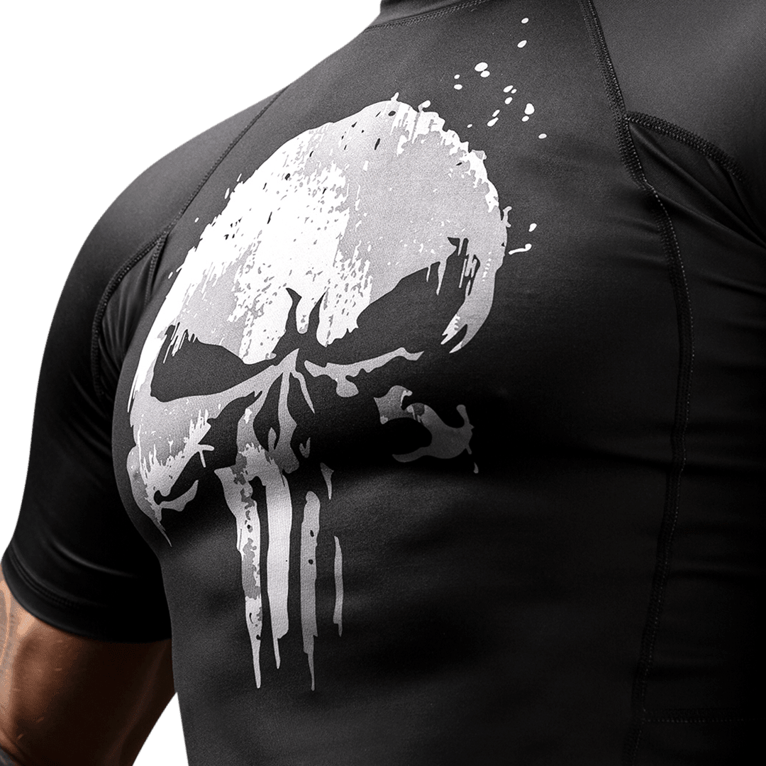 Detail of the logo and reinforced stitching on the Marvel The Punisher rashguard