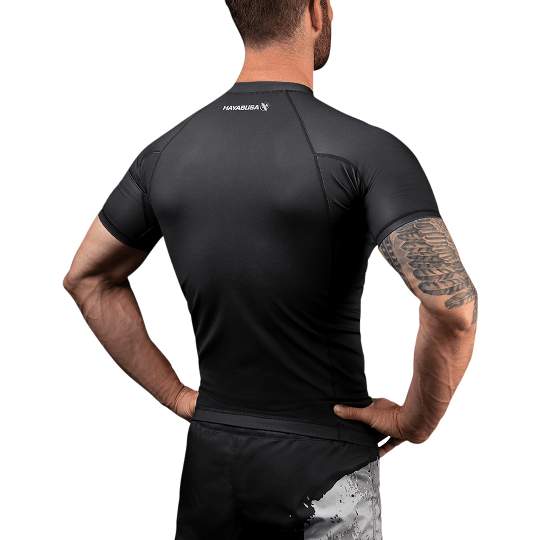 Rear view of The Punisher Hayabusa rashguard, technical design for MMA compression