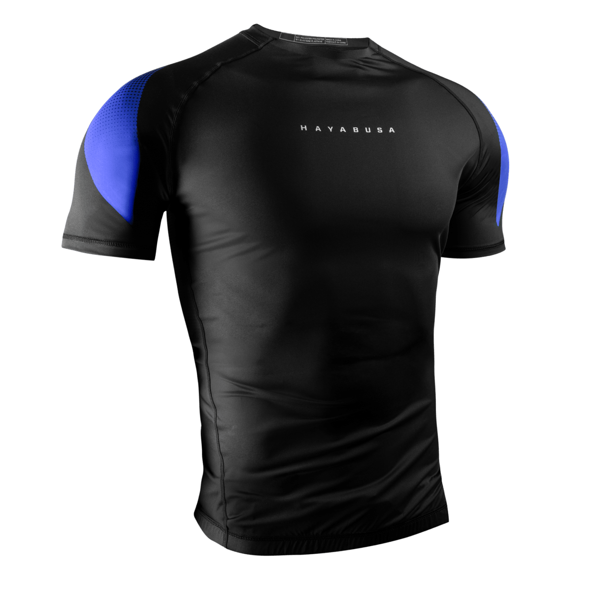 Front view of the Hayabusa Pro Ranked Blue Short Sleeve Compression Fit Rashguard for Blue Belts