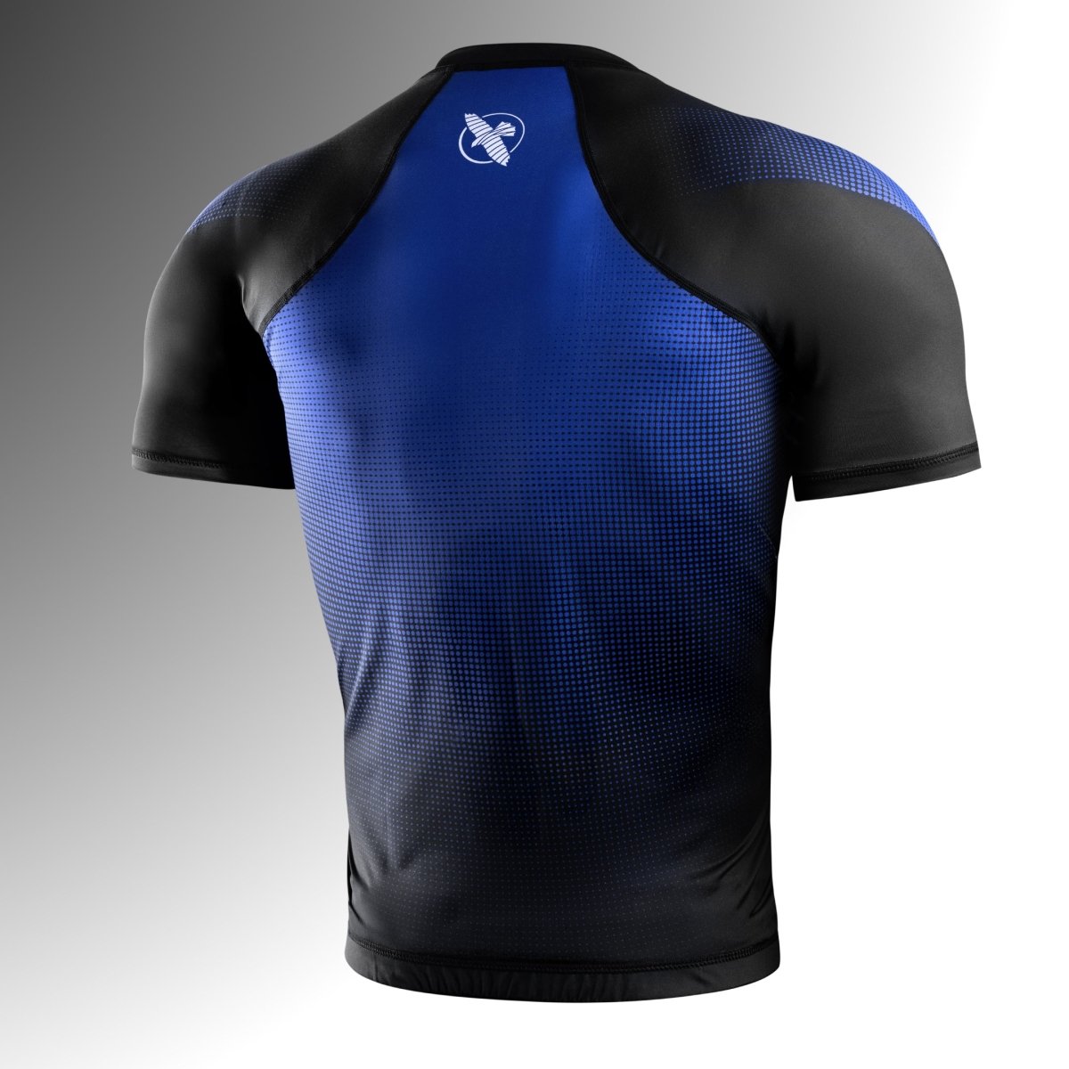 Rear view of the Hayabusa Pro Ranked blue rashguard with short sleeves, reinforced flatlock stitching