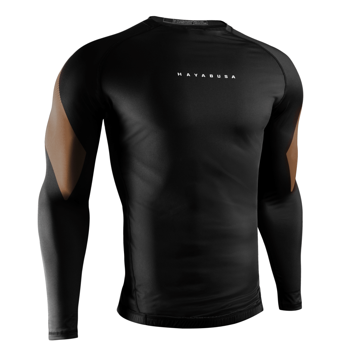 Čelní pohled na hnědý rashguard Hayabusa Pro Ranked, profesionální ochrana pro hnědé pásy