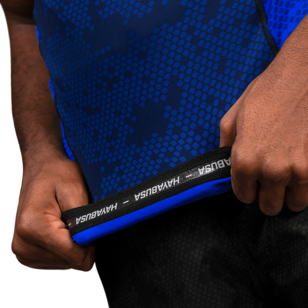 Internal hayabusa writing detail of the IBJJF approved Ranked blue rashguard