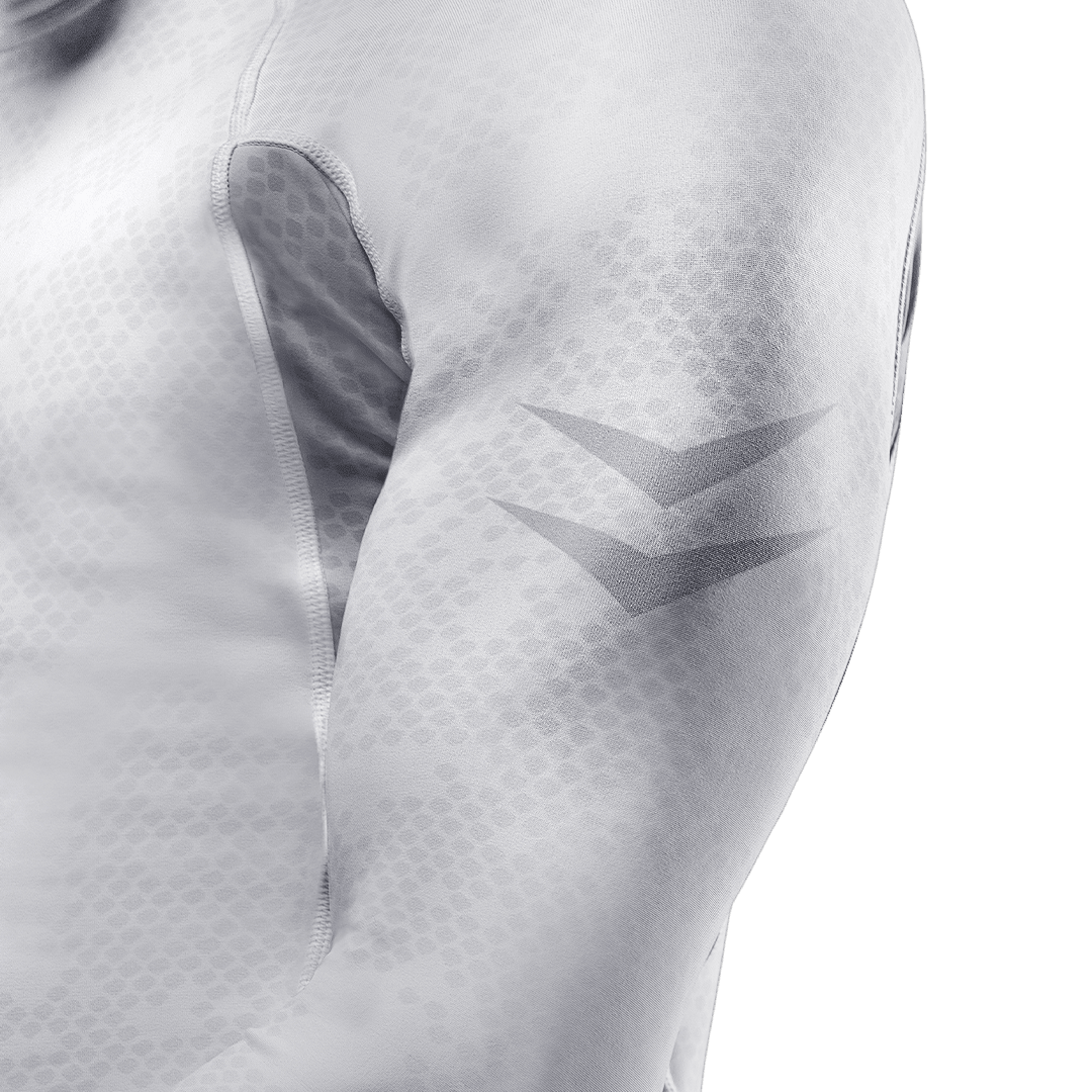 Detail of the stitching and fabric on the shoulder of the white Hayabusa rashguard