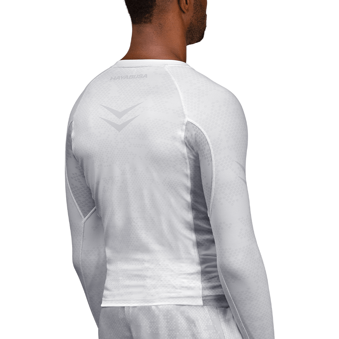 Rear view of the white Hayabusa Ranked rashguard, clean and technical design