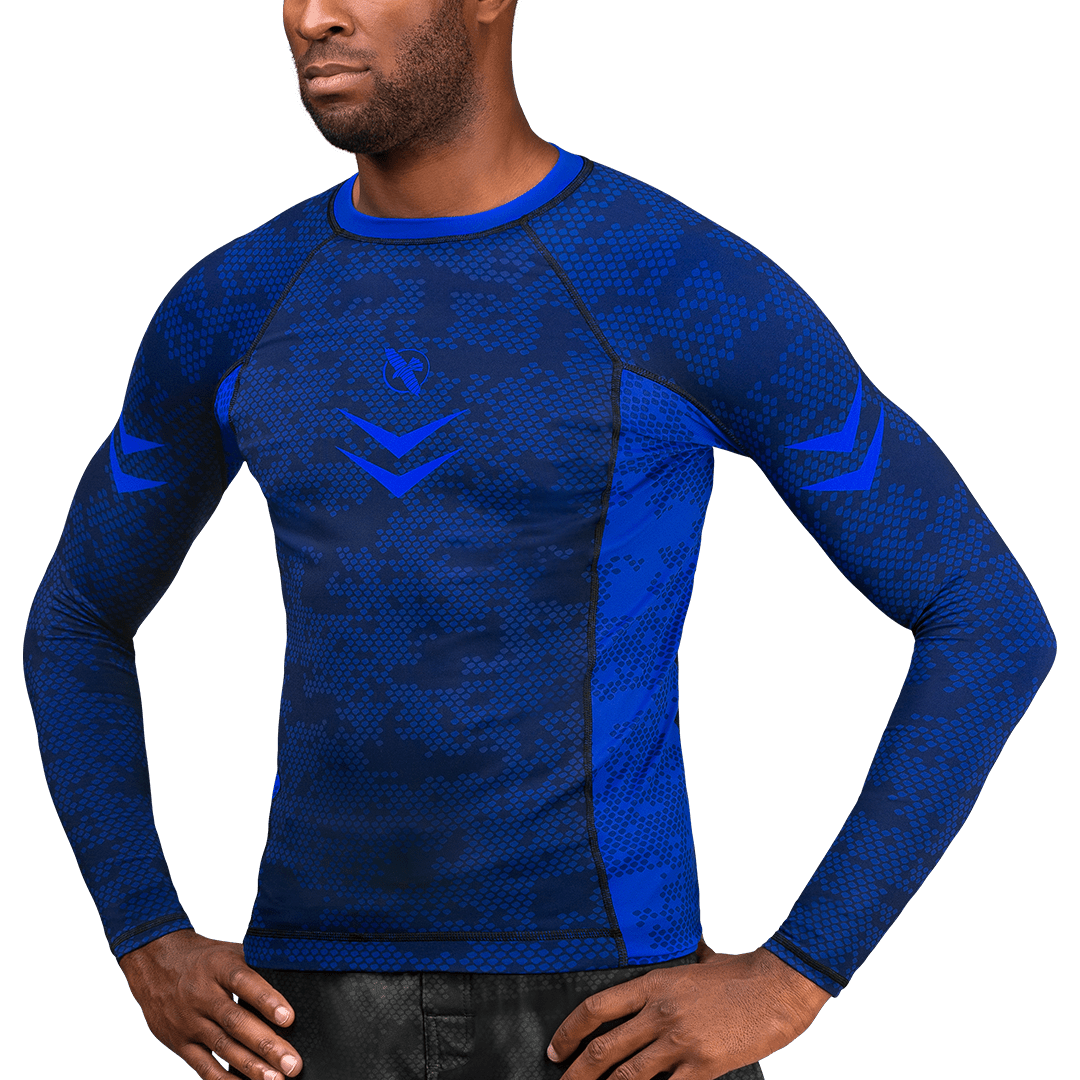 Front view of the Hayabusa Ranked blue rashguard, IBJJF compliant for blue belts