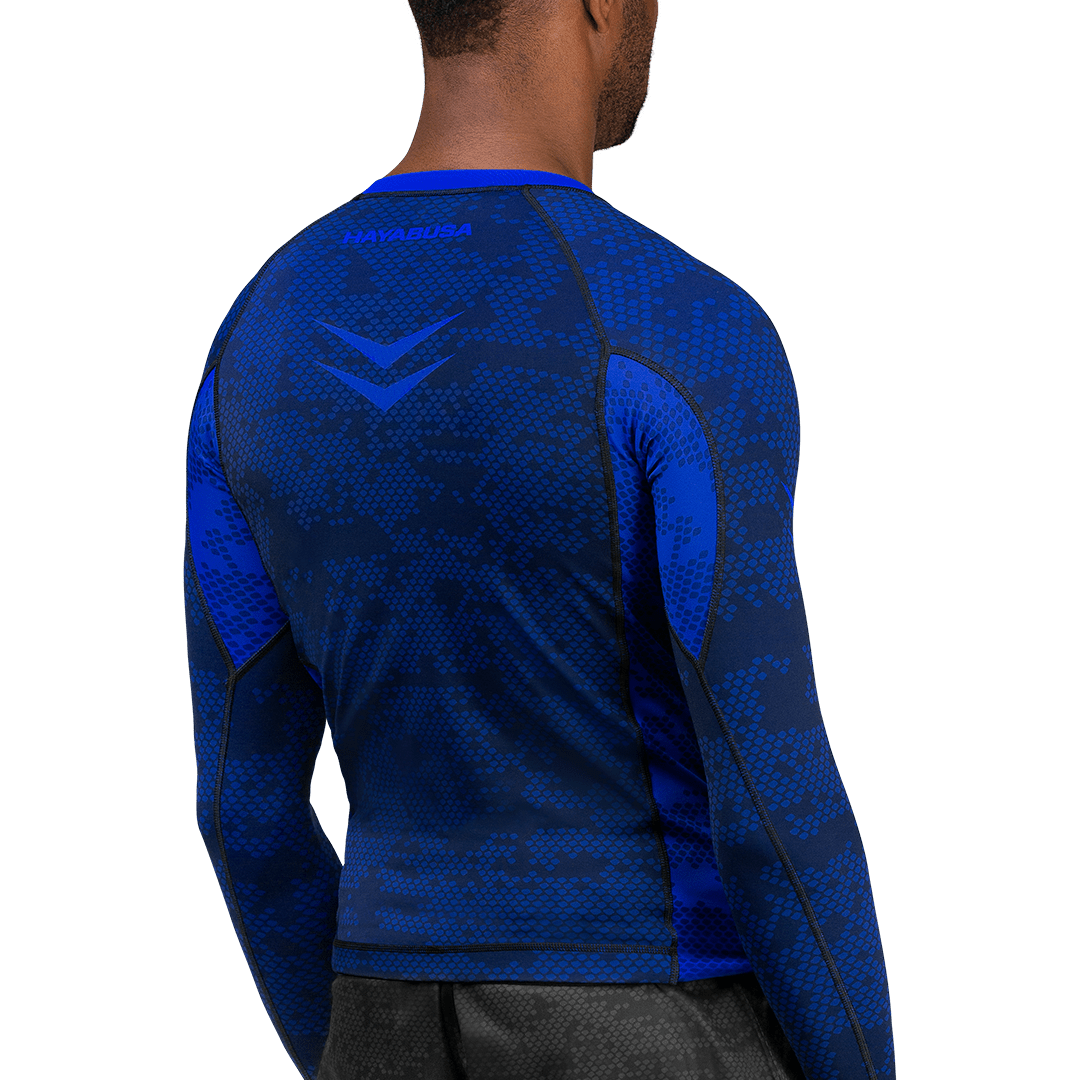 Rear view of the blue Ranked Hayabusa rashguard, full protection with long sleeves