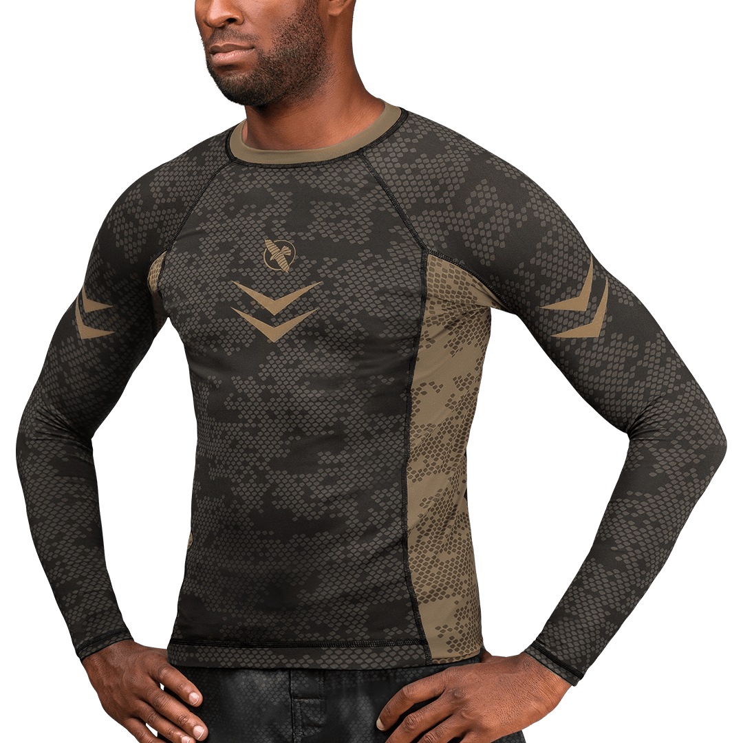 Front view of the brown Hayabusa rashguard Ranked for advanced degrees of BJJ
