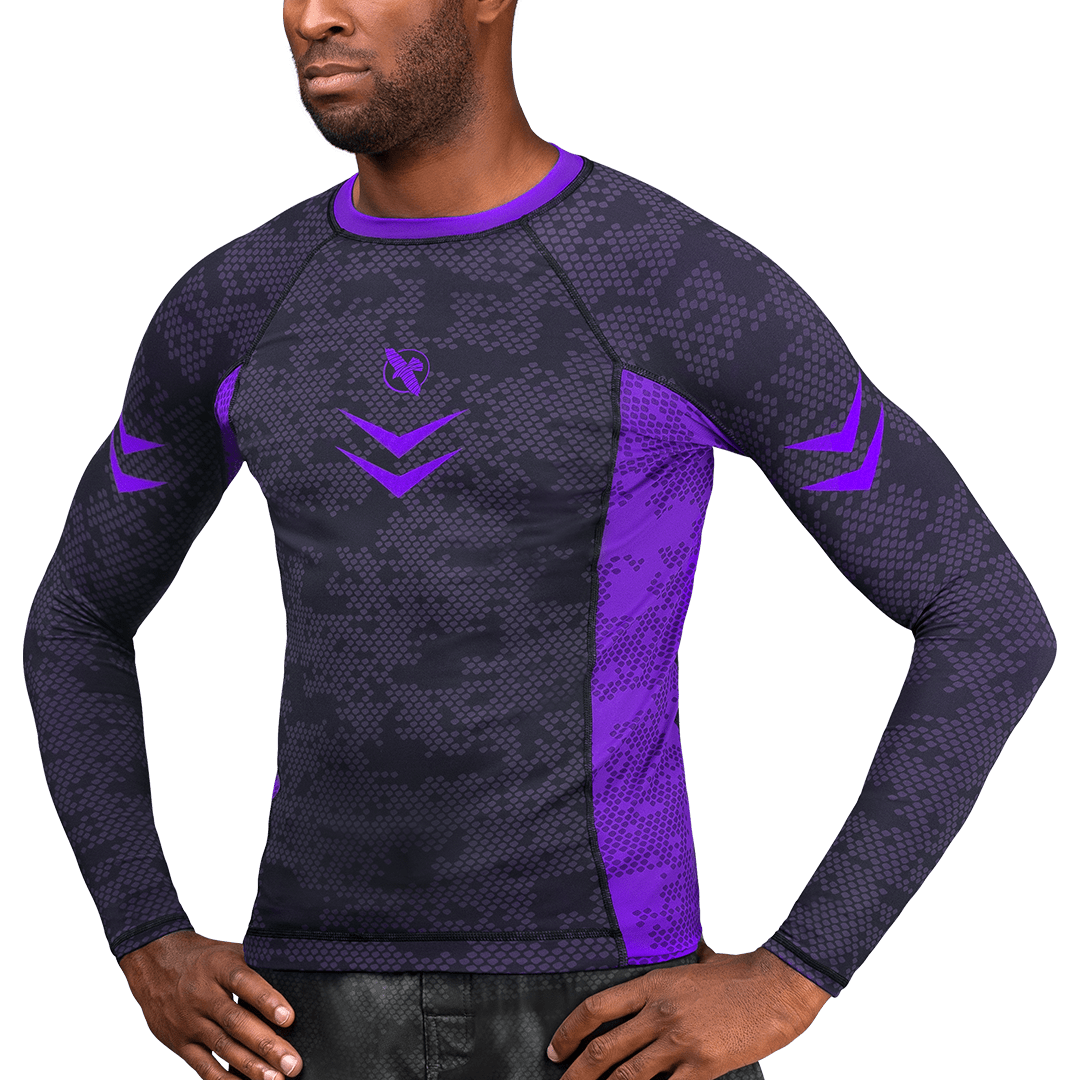 Front view of the Hayabusa Ranked purple rashguard, elite compression fit