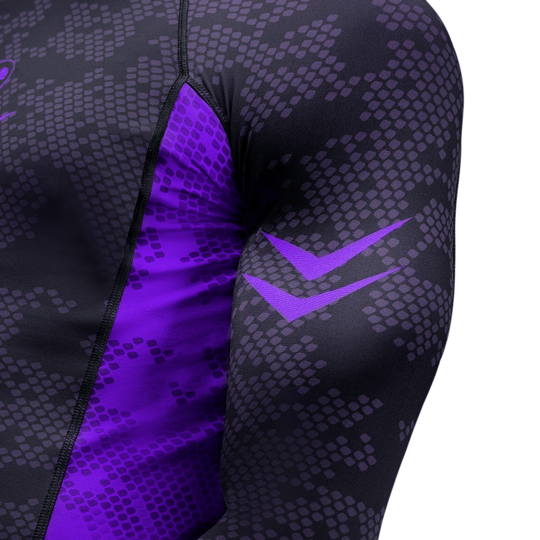 Close-up detail of the shoulder structure on the Ranked purple rashguard