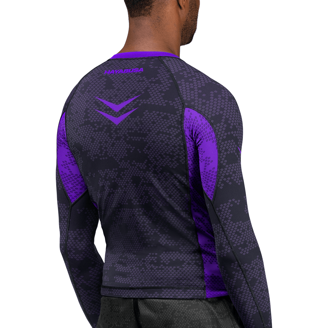 Rear view of the Hayabusa purple rashguard, anti-chafing flatlock stitching