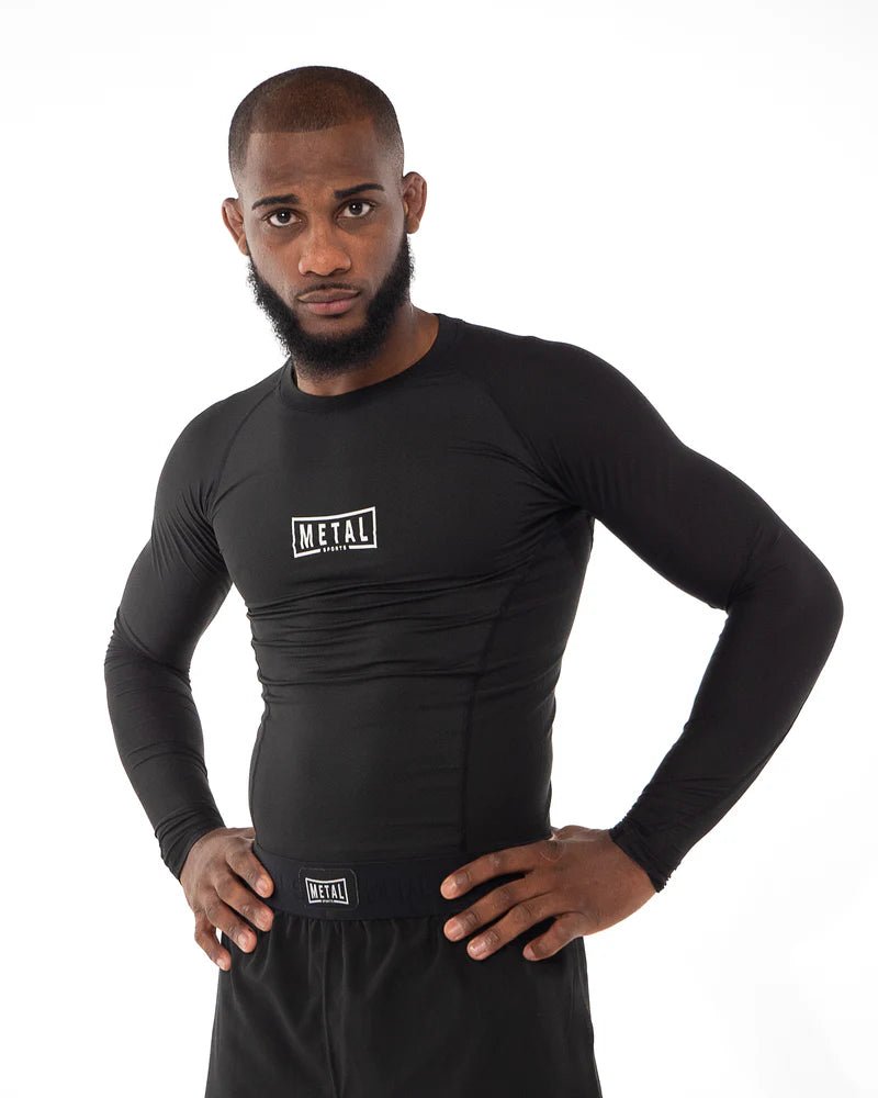 Vista frontal principal Rashguard manga larga Metal Boxe tejido técnico negro 170 gr