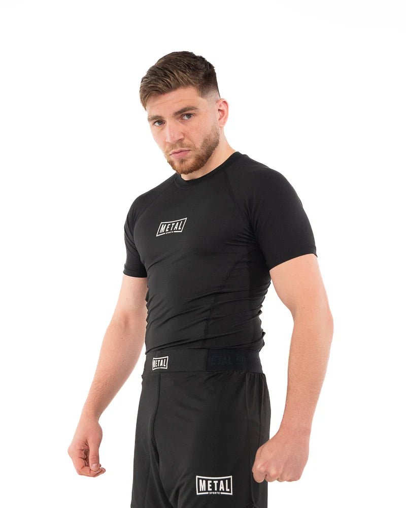 Vista frontal principal Rashguard Performance Metal Boxing tejido técnico negro 170 gr