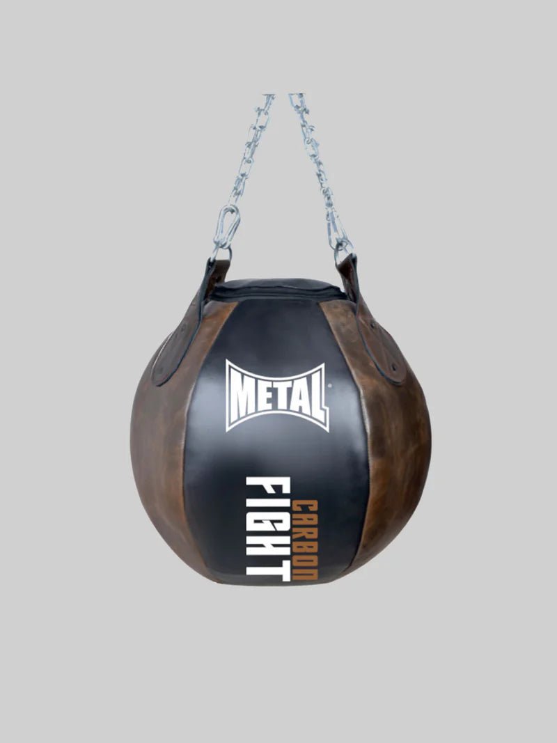 Front view of Metal Boxe Monster Ball Carbon 12 ball punching bag, vintage black and brown buffalo leather design
