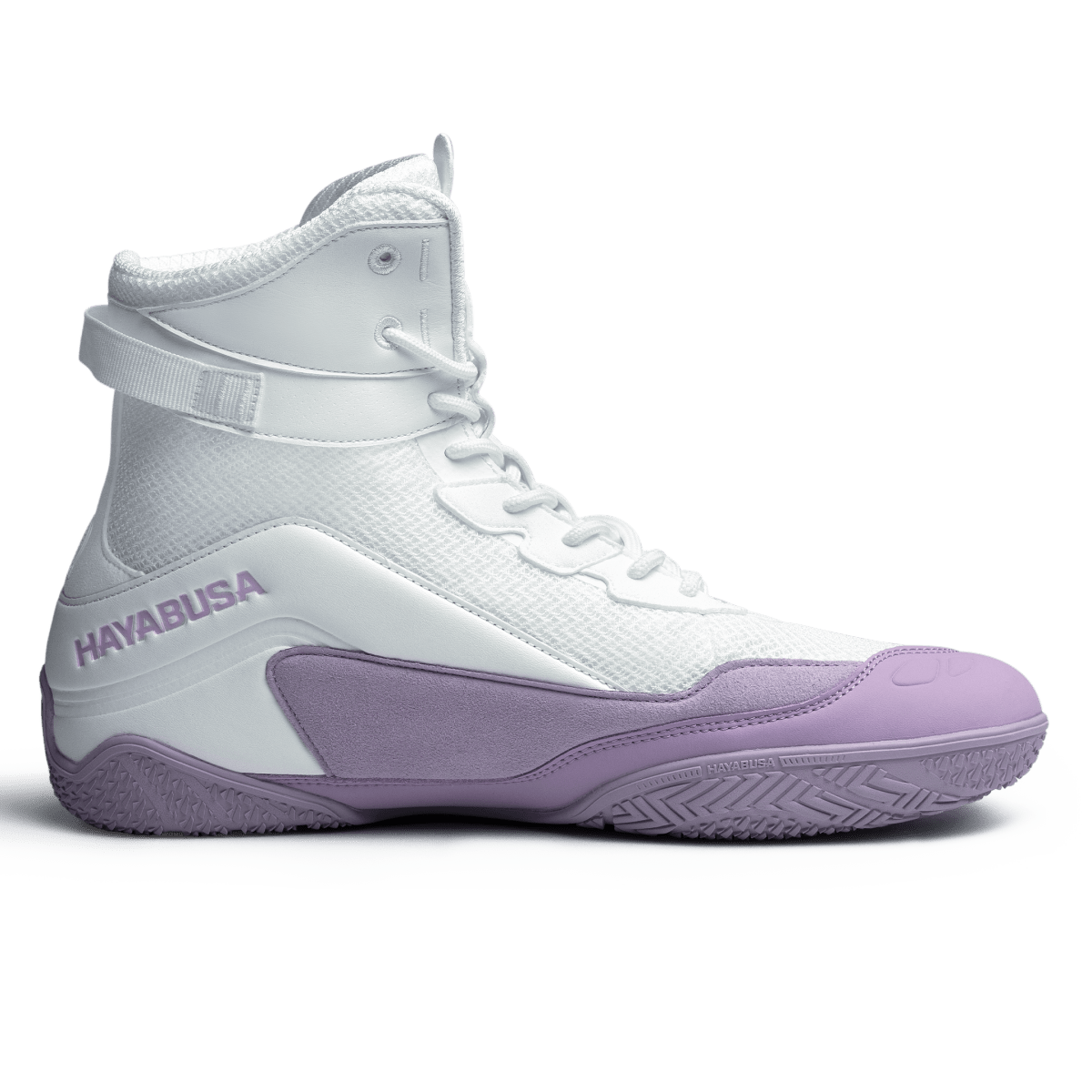 Detail der Gummisohle mit hoher Traktion der lavendelweißen Hayabusa Talon-Schuhe