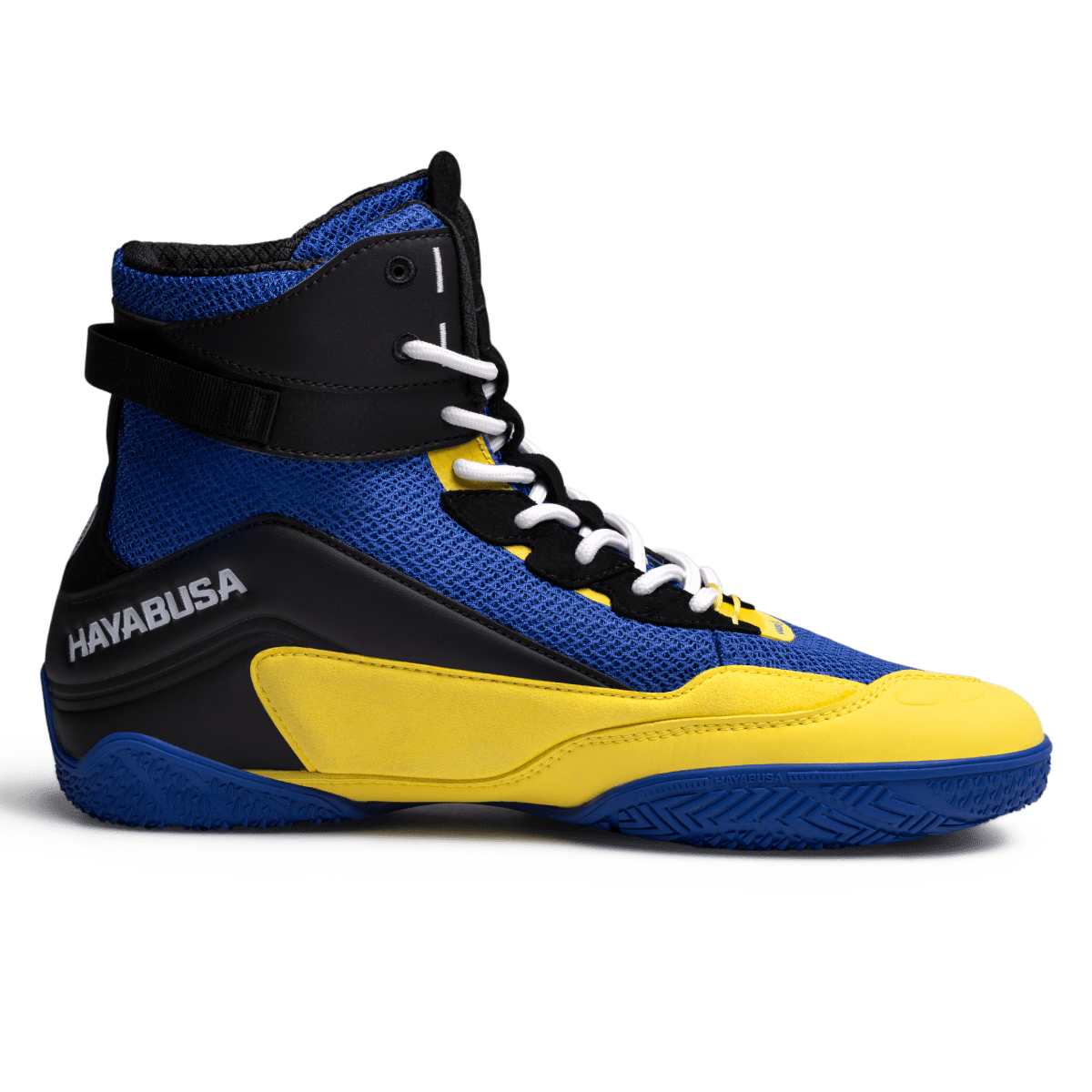 Detail der Gummisohle mit hoher Traktion der blau-gelben Hayabusa Talon-Schuhe
