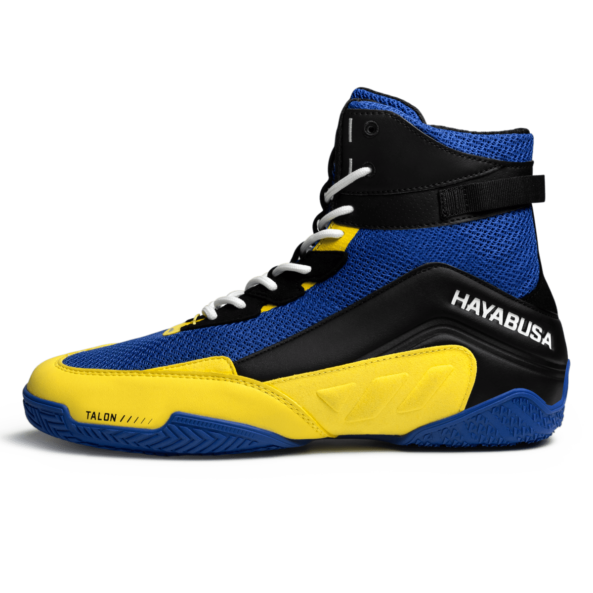 Detail der Mikrofaserleder- und Mesh-Materialien der blau-gelben Hayabusa Talon-Schuhe