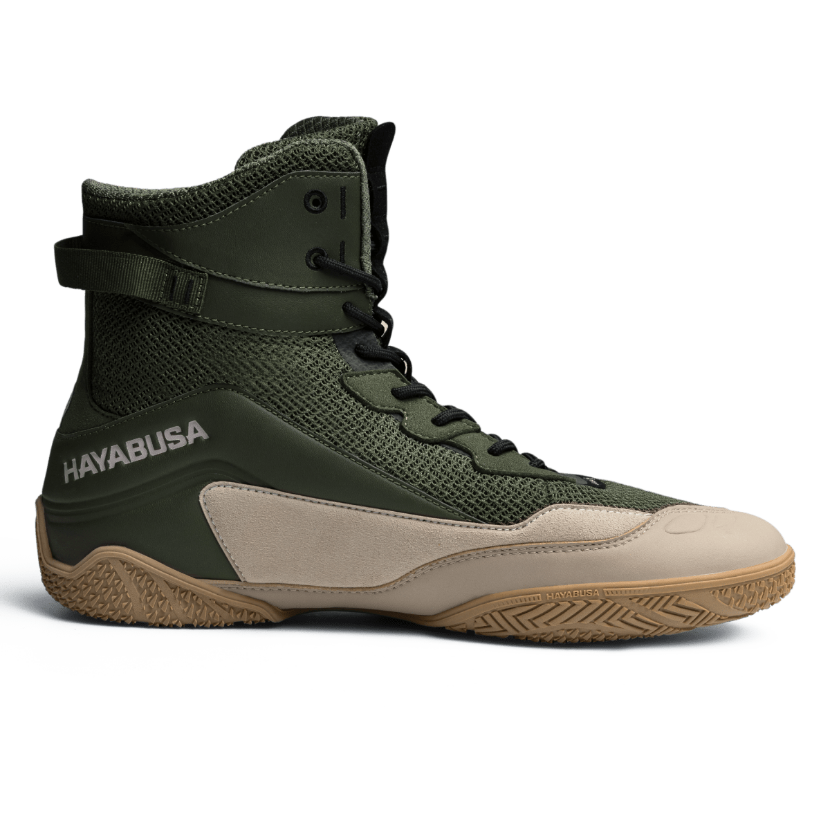 Detail der Gummisohle mit hoher Traktion der grünbraunen Hayabusa Talon-Schuhe