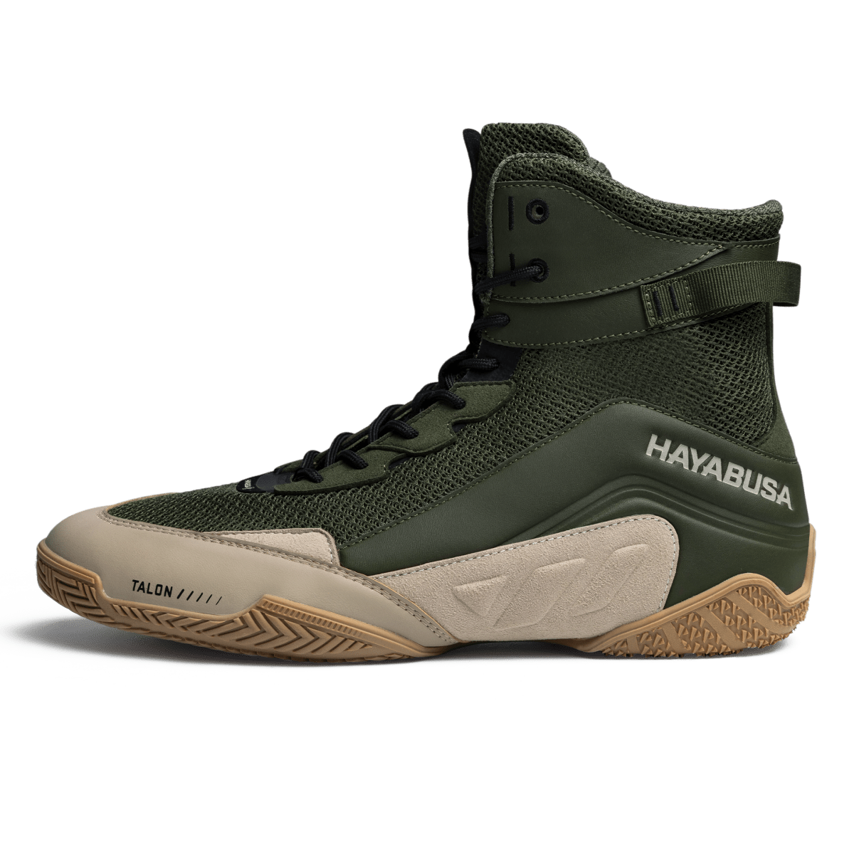 Detail der Mikrofaserleder- und Mesh-Materialien der grünbraunen Hayabusa Talon-Schuhe