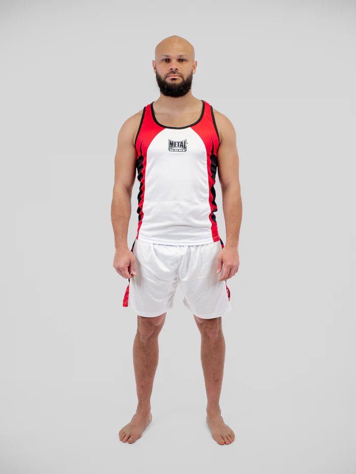 Vista frontale completa divisa boxe Metal Boxe bianco per competizione