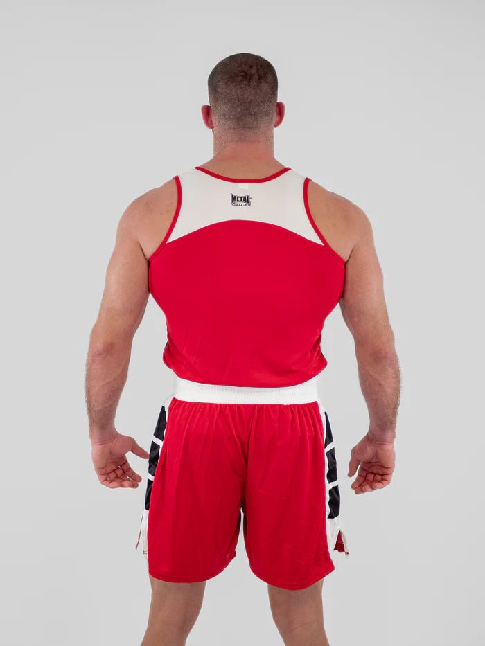 Vista posteriore divisa pugilato Metal Boxe rosso satin tecnico