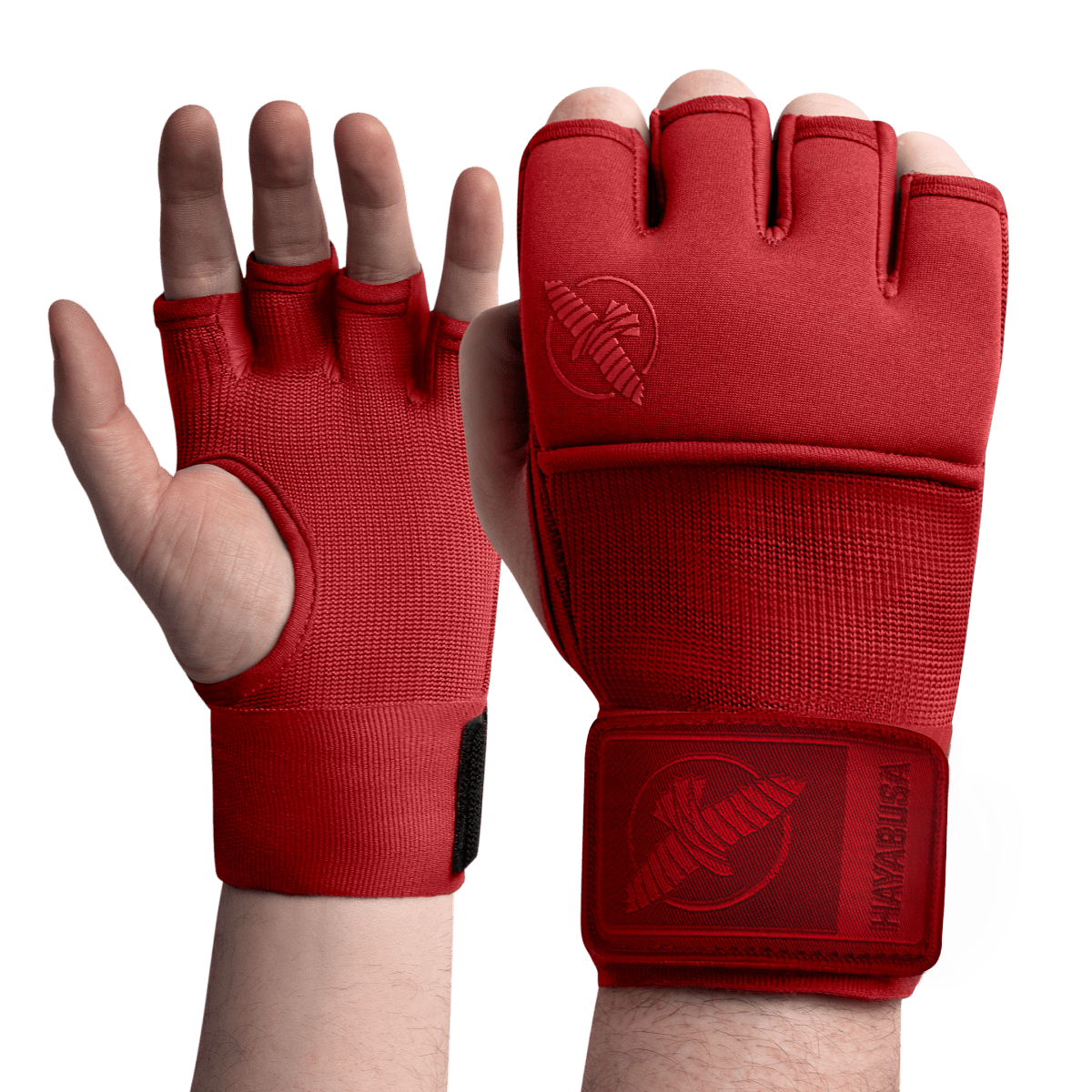 Vista frontale dei sotto-guanti rossi Hayabusa Deluxe Quick Wraps con imbottitura in gel
