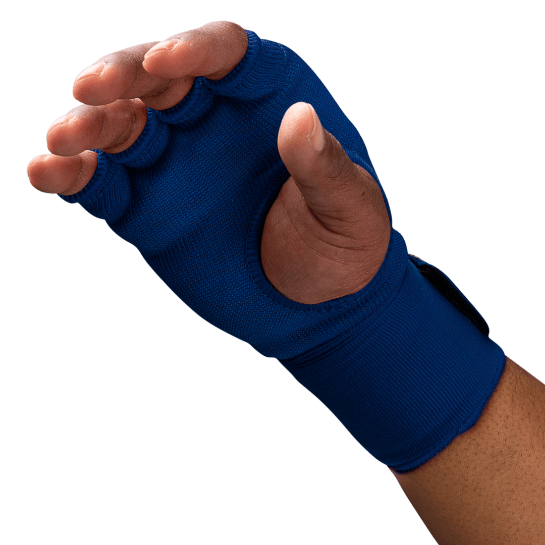Close-up detail of the gel-padded knuckles of the blue Hayabusa liner worn